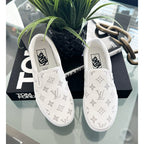 Hand Painted White Monogram Custom Vans Slip On Sneakers