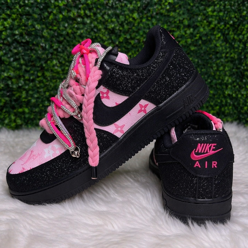 Hand Painted Black Pink Glitter Custom Air Force 1 Sneakers