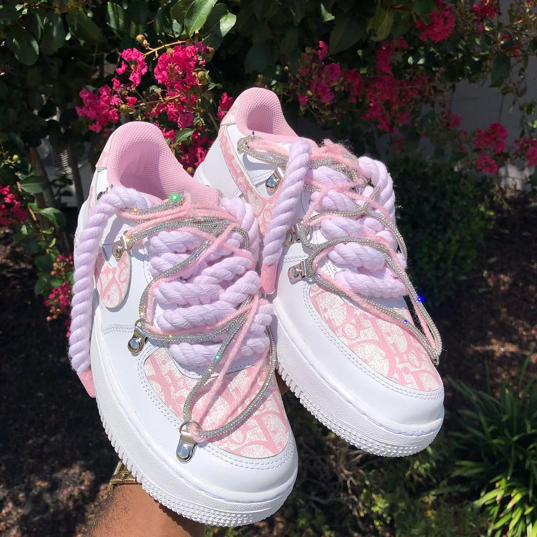 Hand Painted Pink Custom Air Force 1 Rhinestone Sneakers