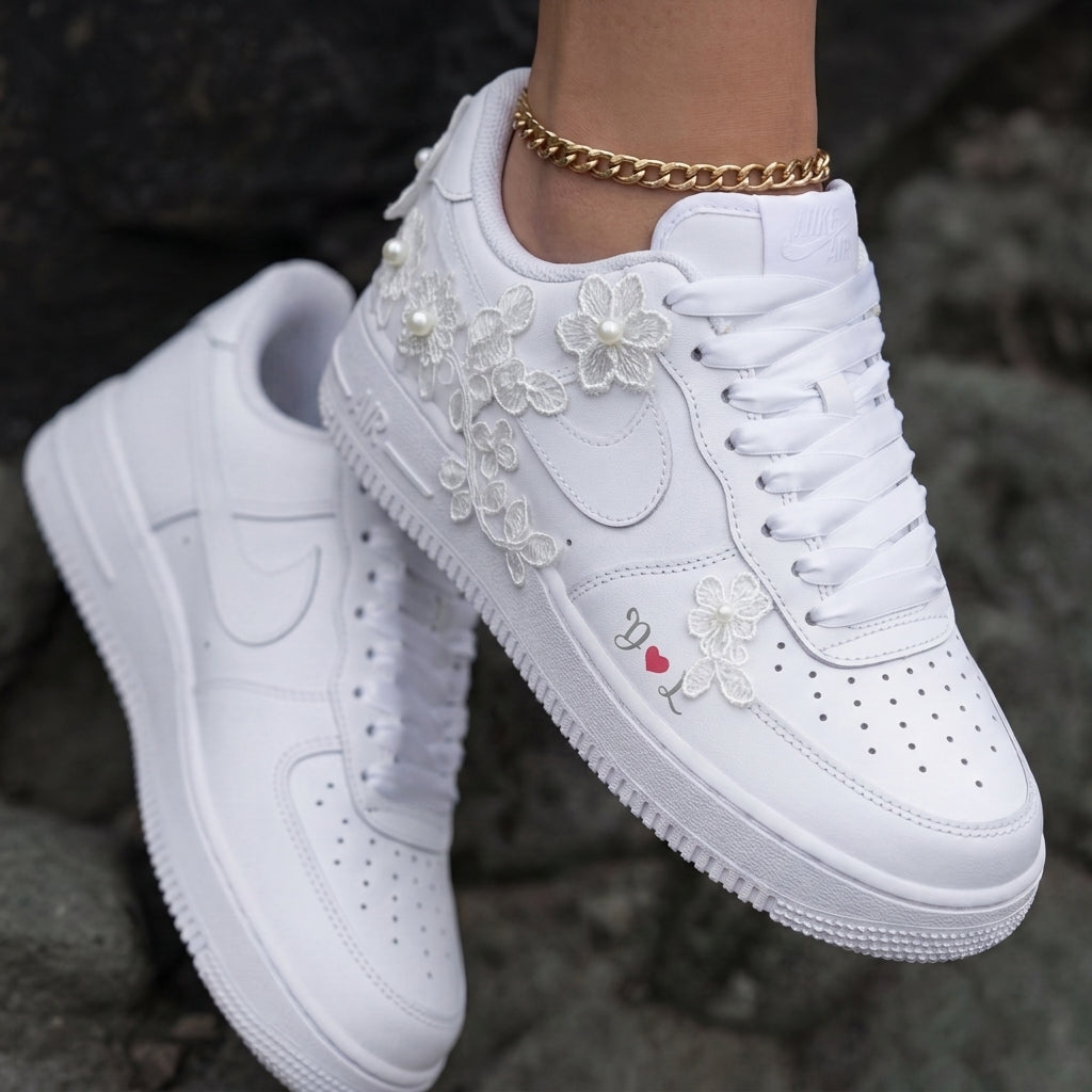 Lace Flowers Pearls Custom Air Force 1 Weeding Shoes