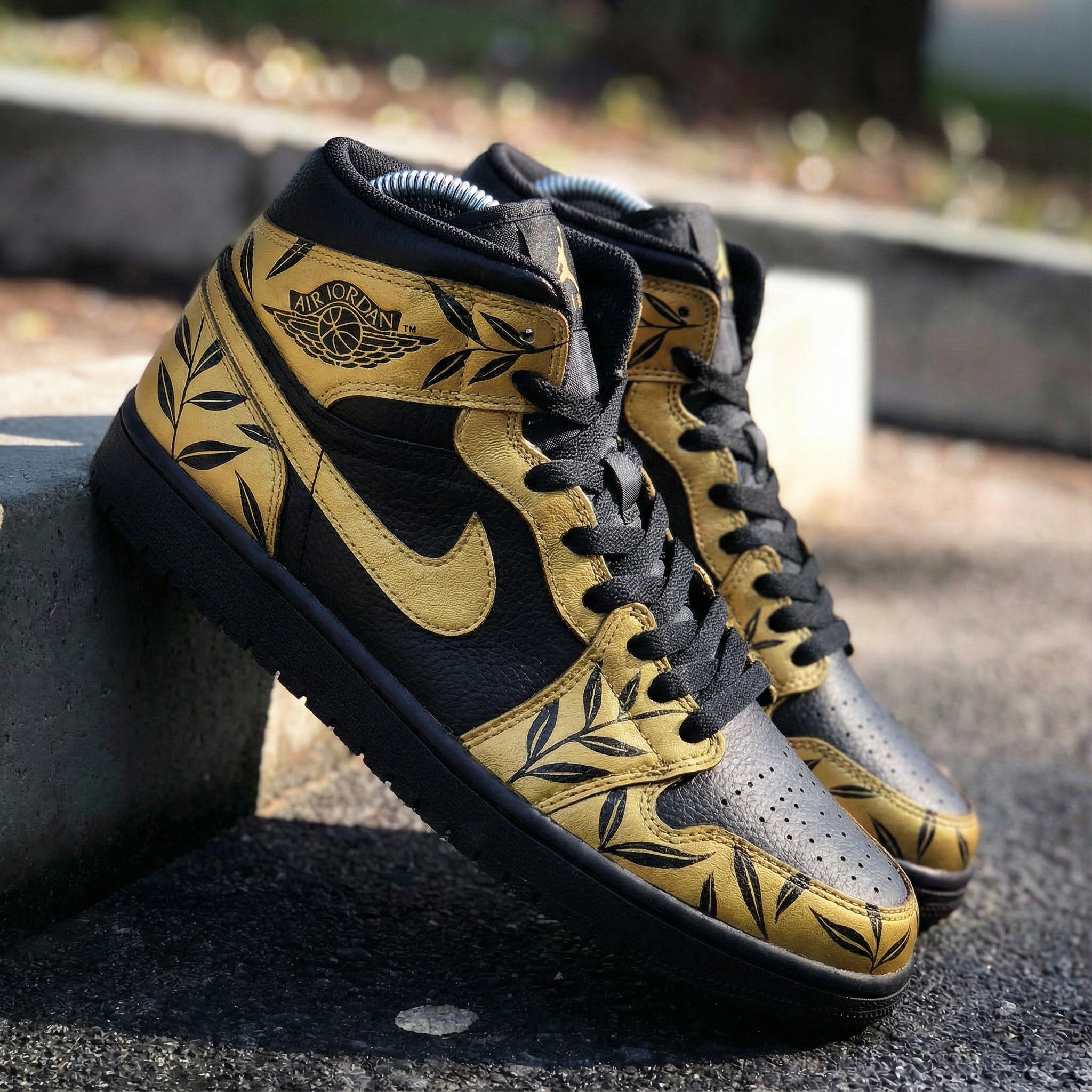Leaf Pattern Black Gold Custom Air Jordan 1