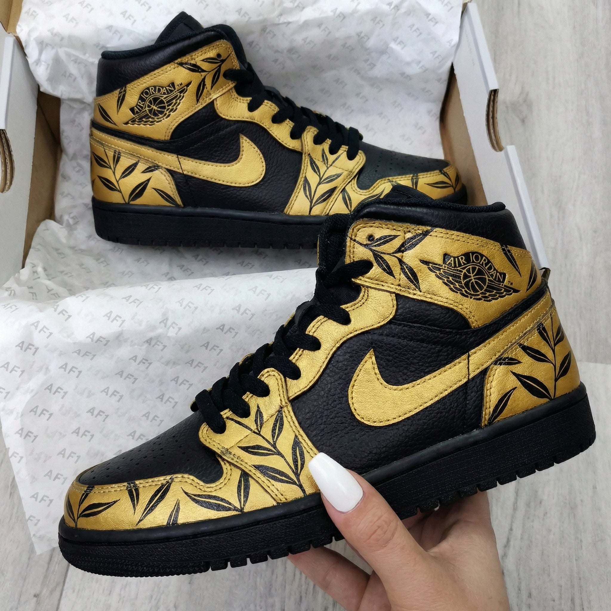 Leaf Pattern Black Gold Custom Air Jordan 1