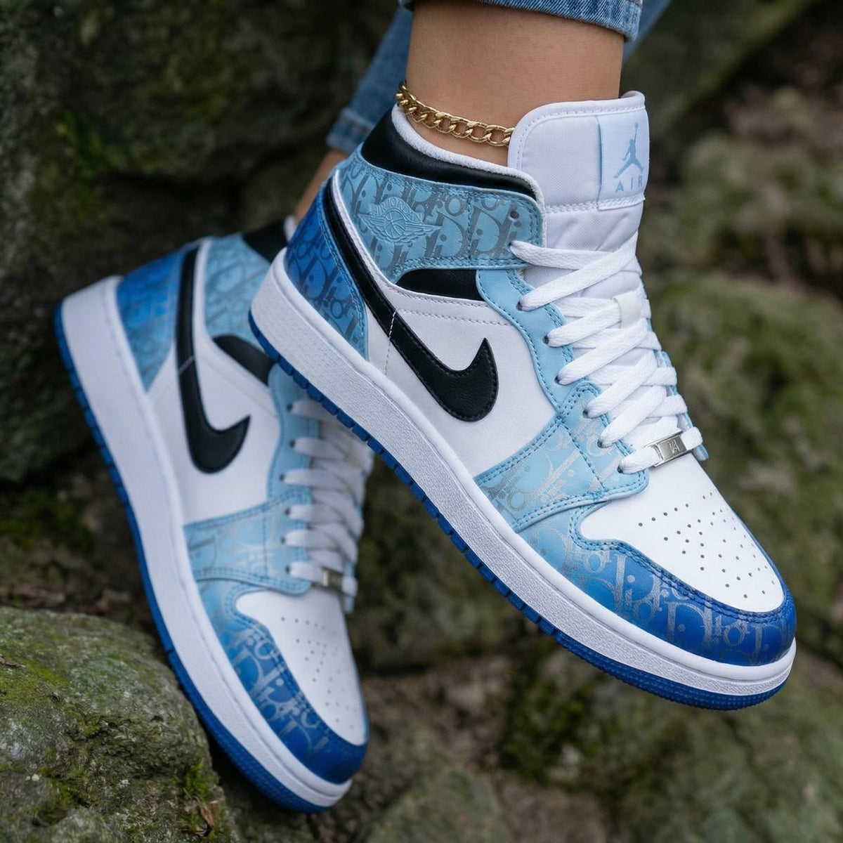 LV Pattern Baby Blue Black Custom Air Jordan 1