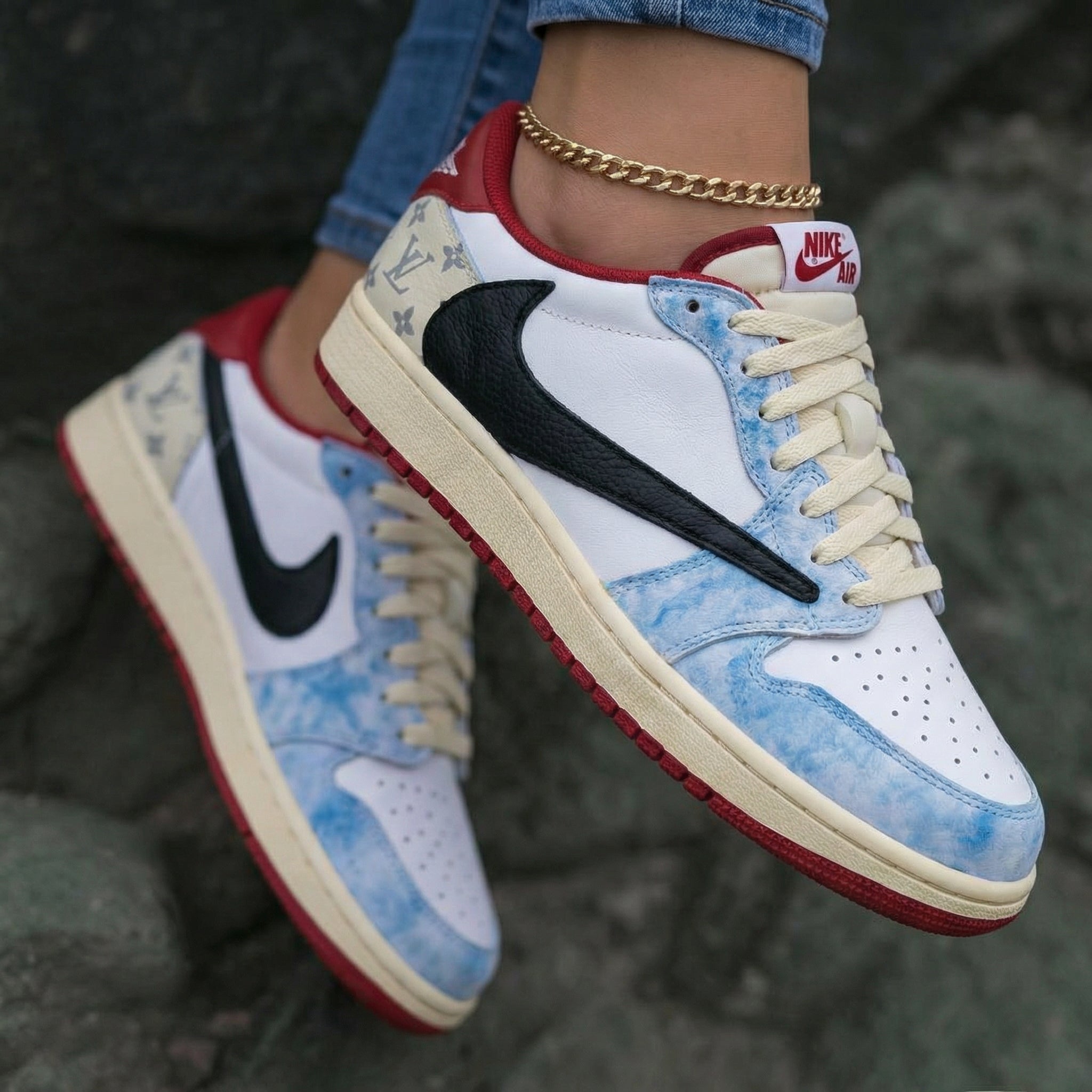 LV Pattern Baby Blue Black Red Travis Scott Custom Air Jordan 1