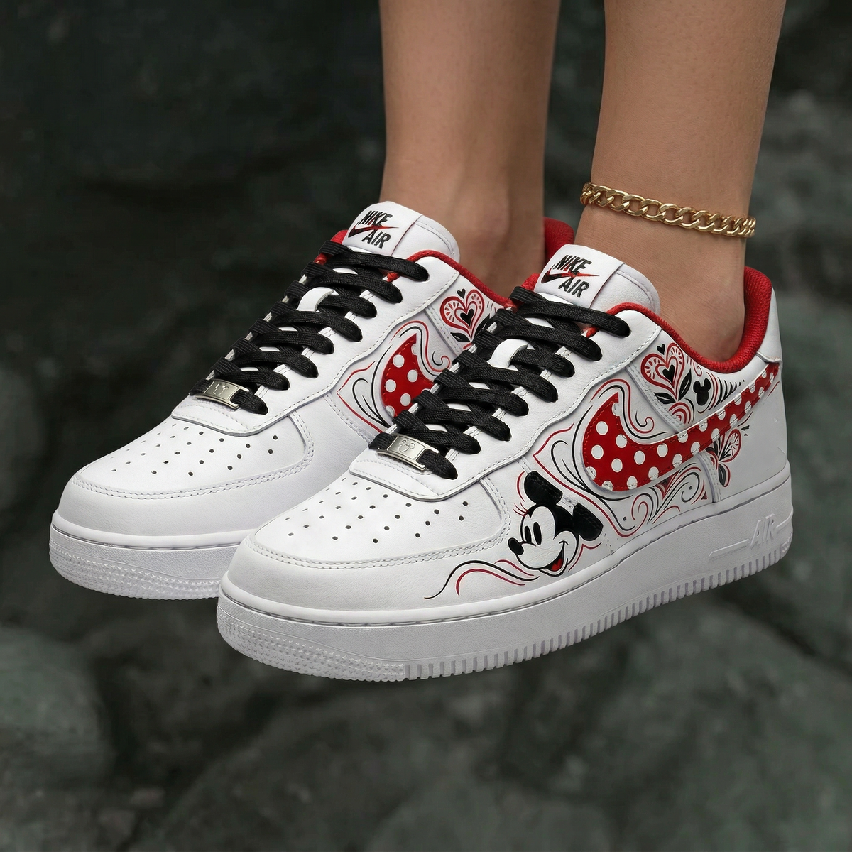 Mickey Mouse Polka Dot Heart Red Black Custom Air Force 1