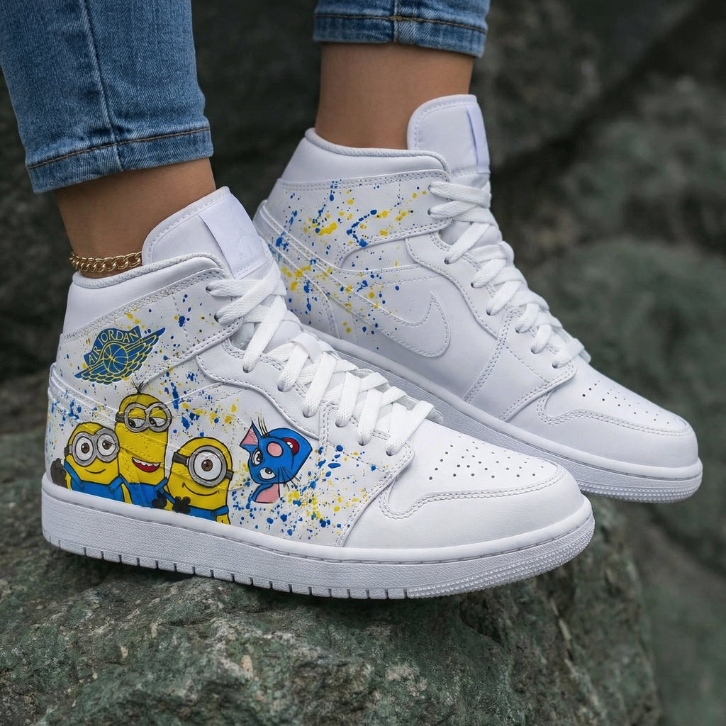Minions And Cartoon Cat Blue Yellow Custom Air Jordan 1