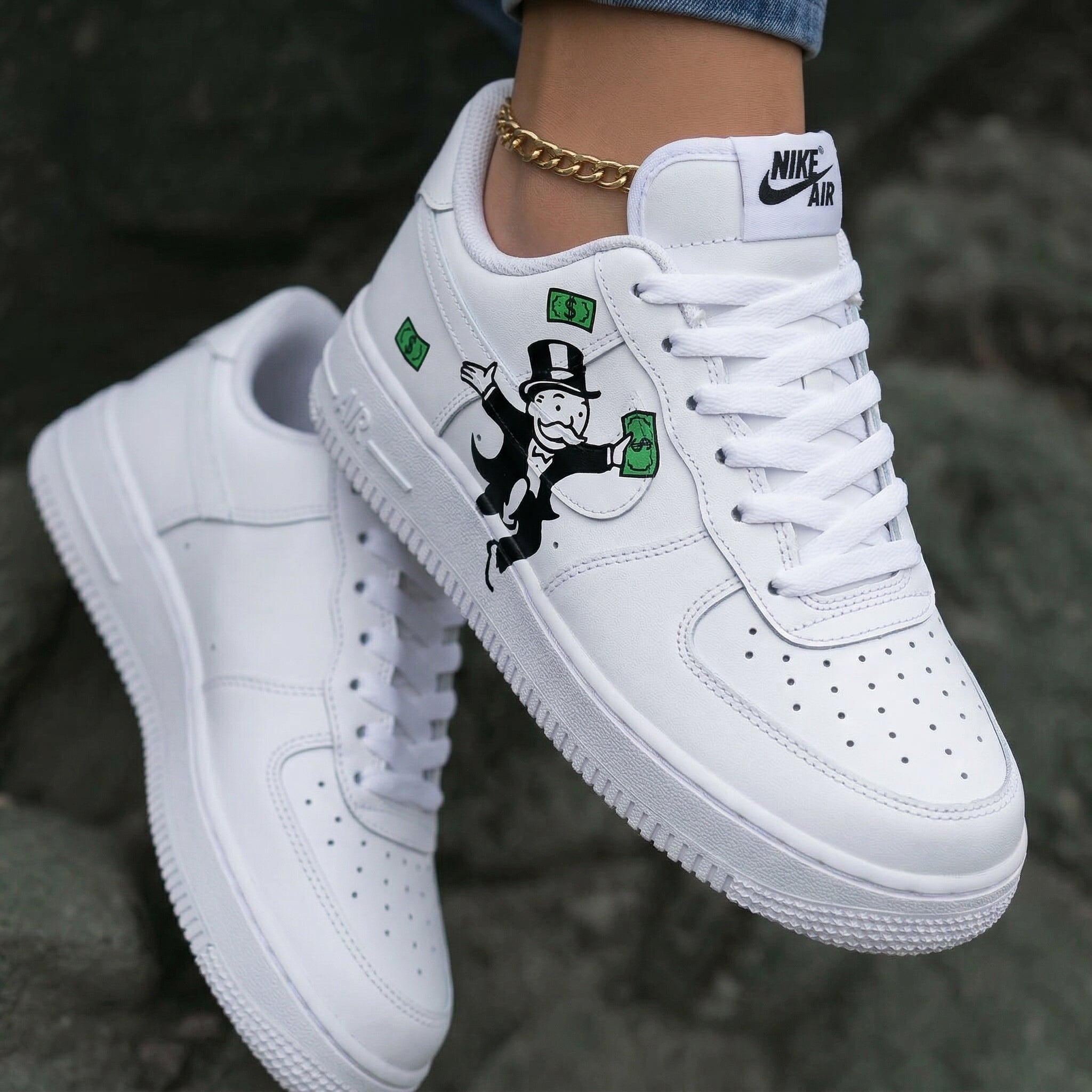 Monopoly Man Green Money Black Green Custom Air Force 1