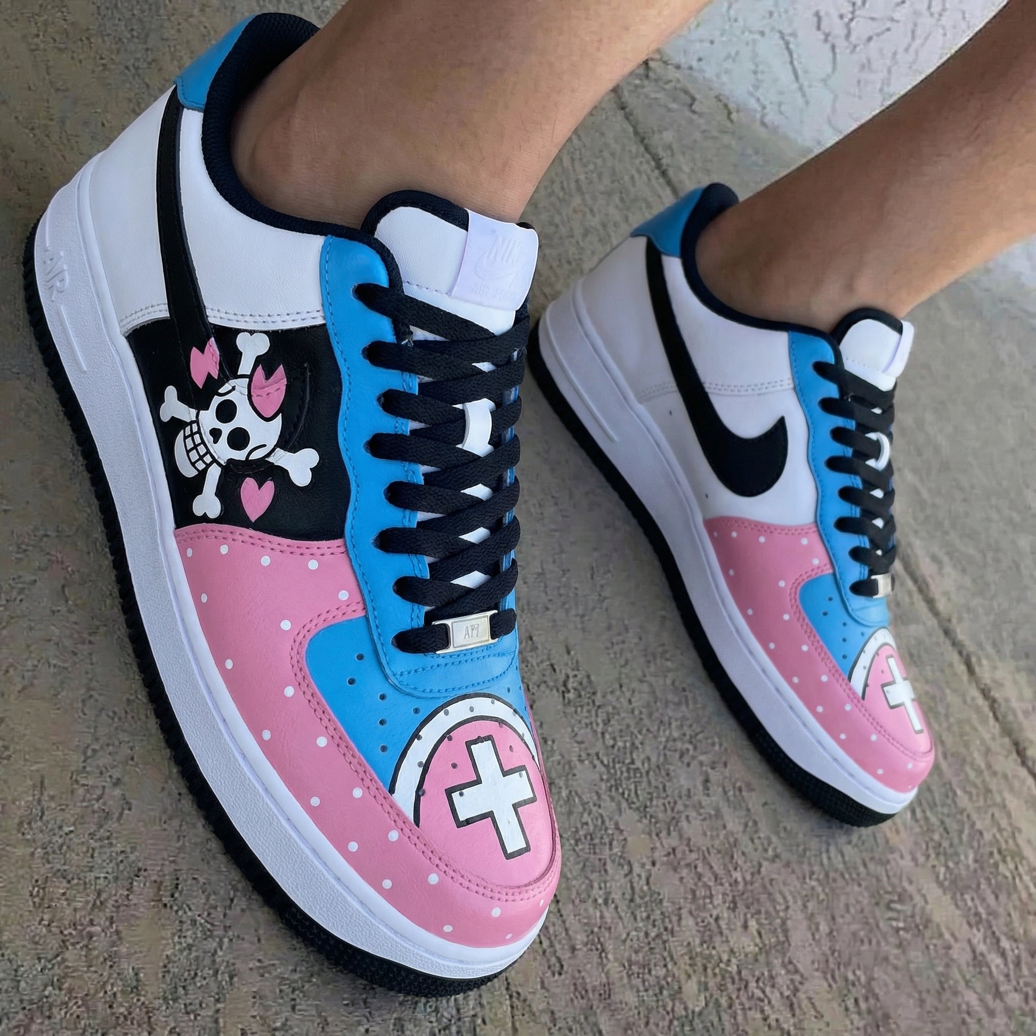 One Piece Skull Pink Hearts Bow Cross Baby Blue Baby Pink Black Custom Air Force 1