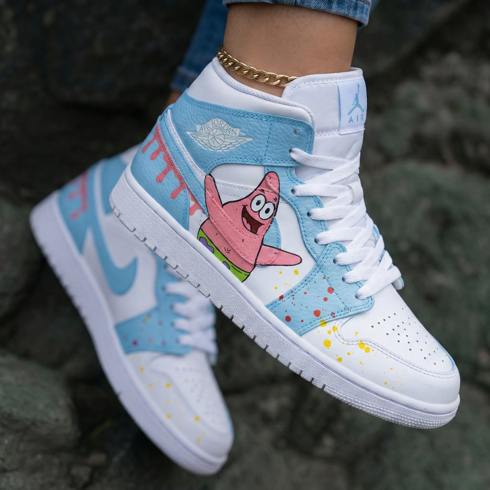 Patrick Star Cartoon Drip Splash Baby Blue Pink Custom Air Jordan 1