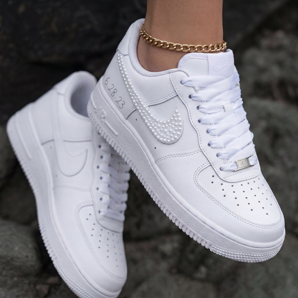 Pearl-Embellished Custom Air Force 1 Weeding Shoes