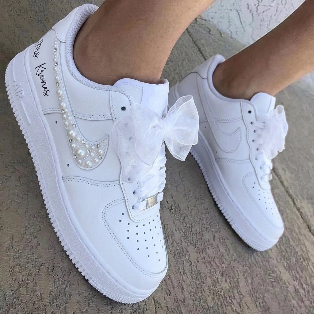 Pearl Rhinestone Bow Custom Air Force 1 Weeding Shoes