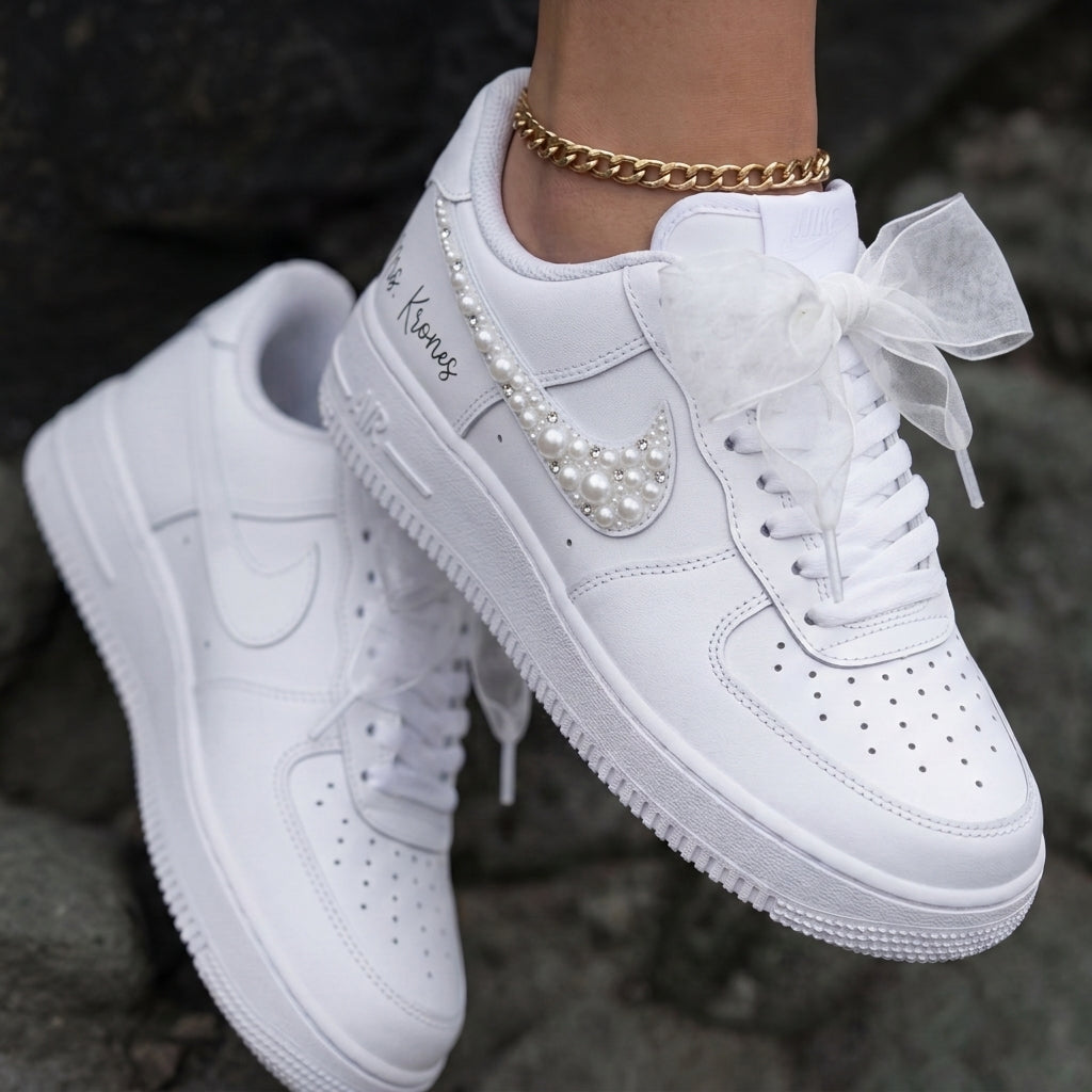 Pearl Rhinestone Bow Custom Air Force 1 Weeding Shoes
