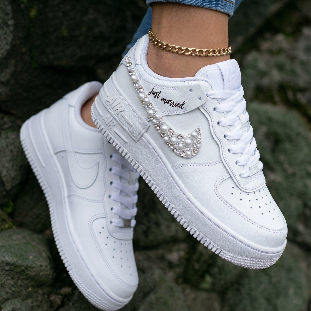 Pearl Rhinestone Just Married Black Custom Air Force 1 Shadow Weeding