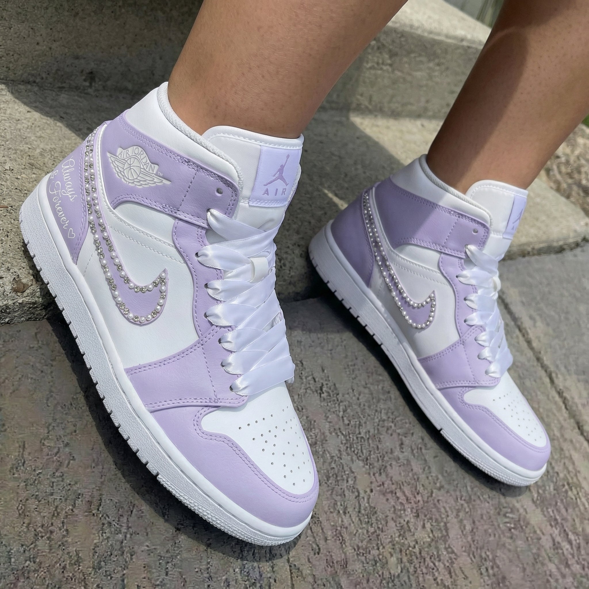 Pearl Rhinestone Swoosh Always Forever Lavender White Custom Air Jordan 1