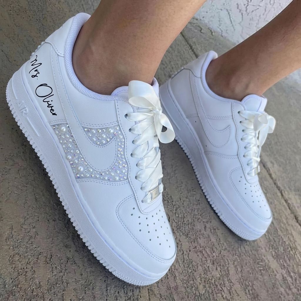Pearls Rhinestones & Handwritten Date Custom Air Force 1 Weeding Shoes