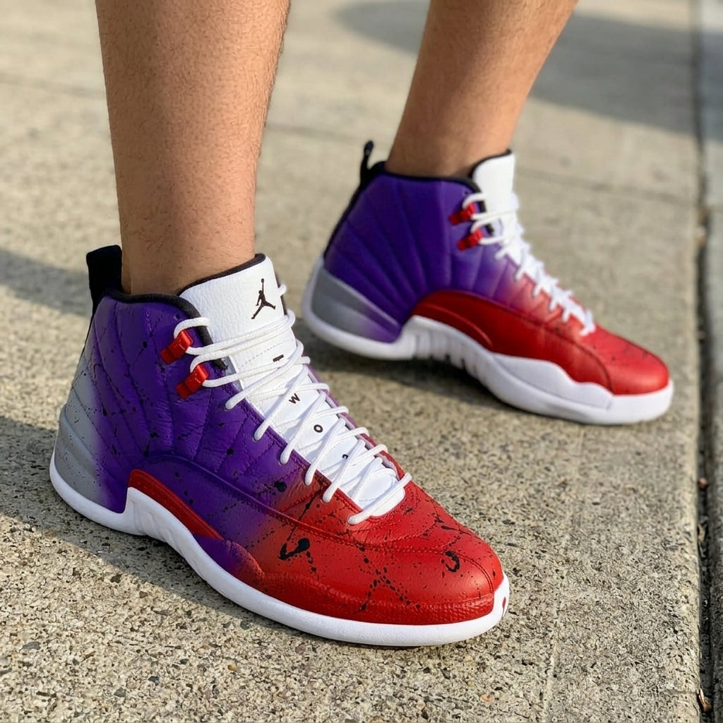 Raptors Fade Black Splatter Purple Red Gradient Custom Air Jordan 12