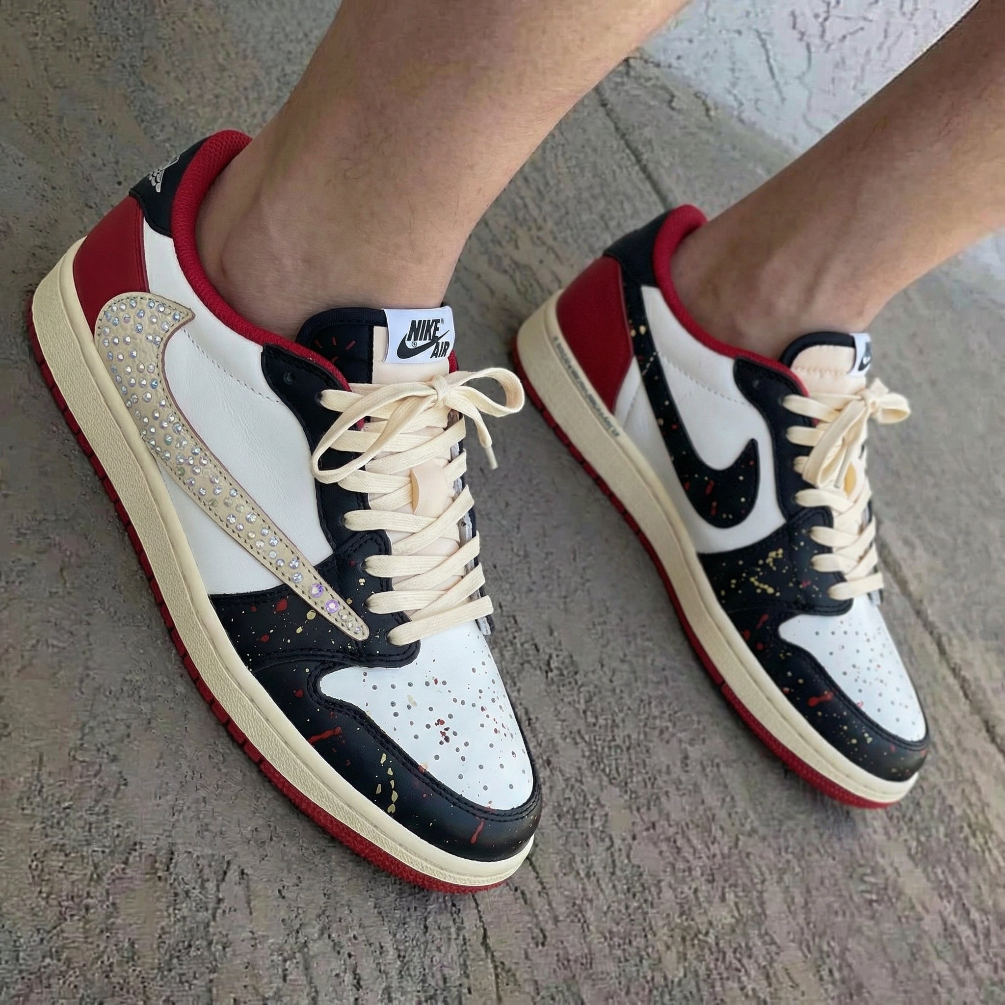 Rhinestone Swoosh Splatter Black Red Travis Scott Custom Air Jordan 1