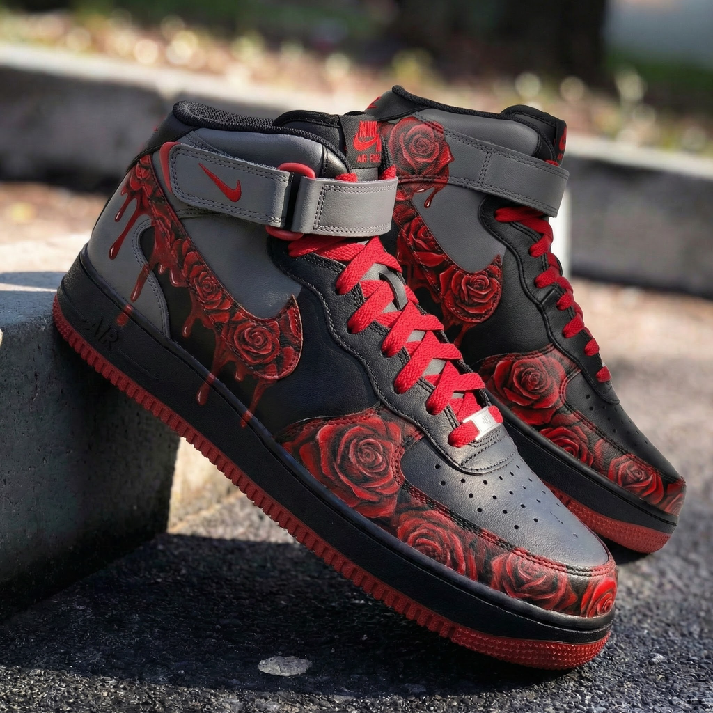 Rose Pattern Black Grey Red Custom Air Force 1