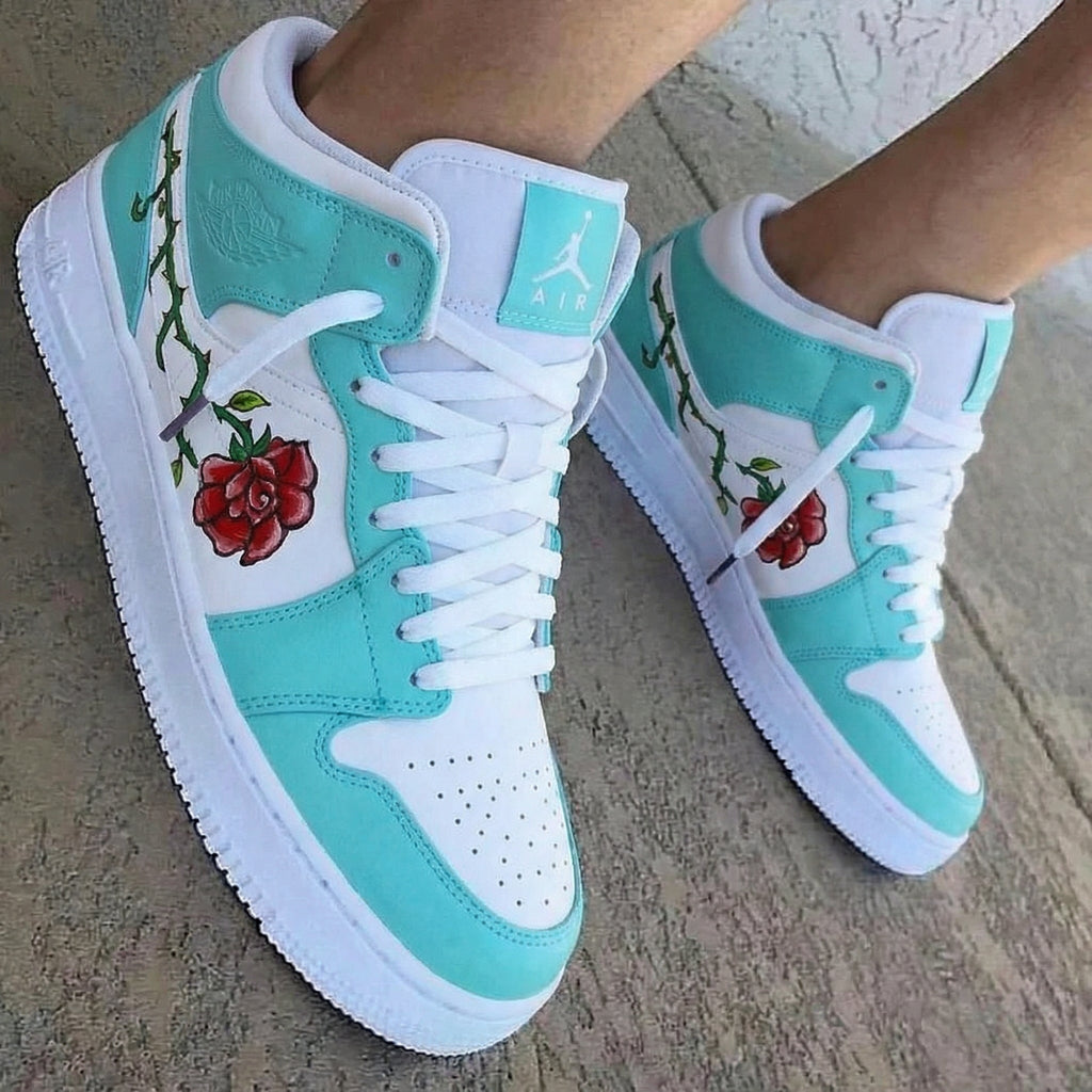 Rose Pattern Teal White Custom Air Jordan 1