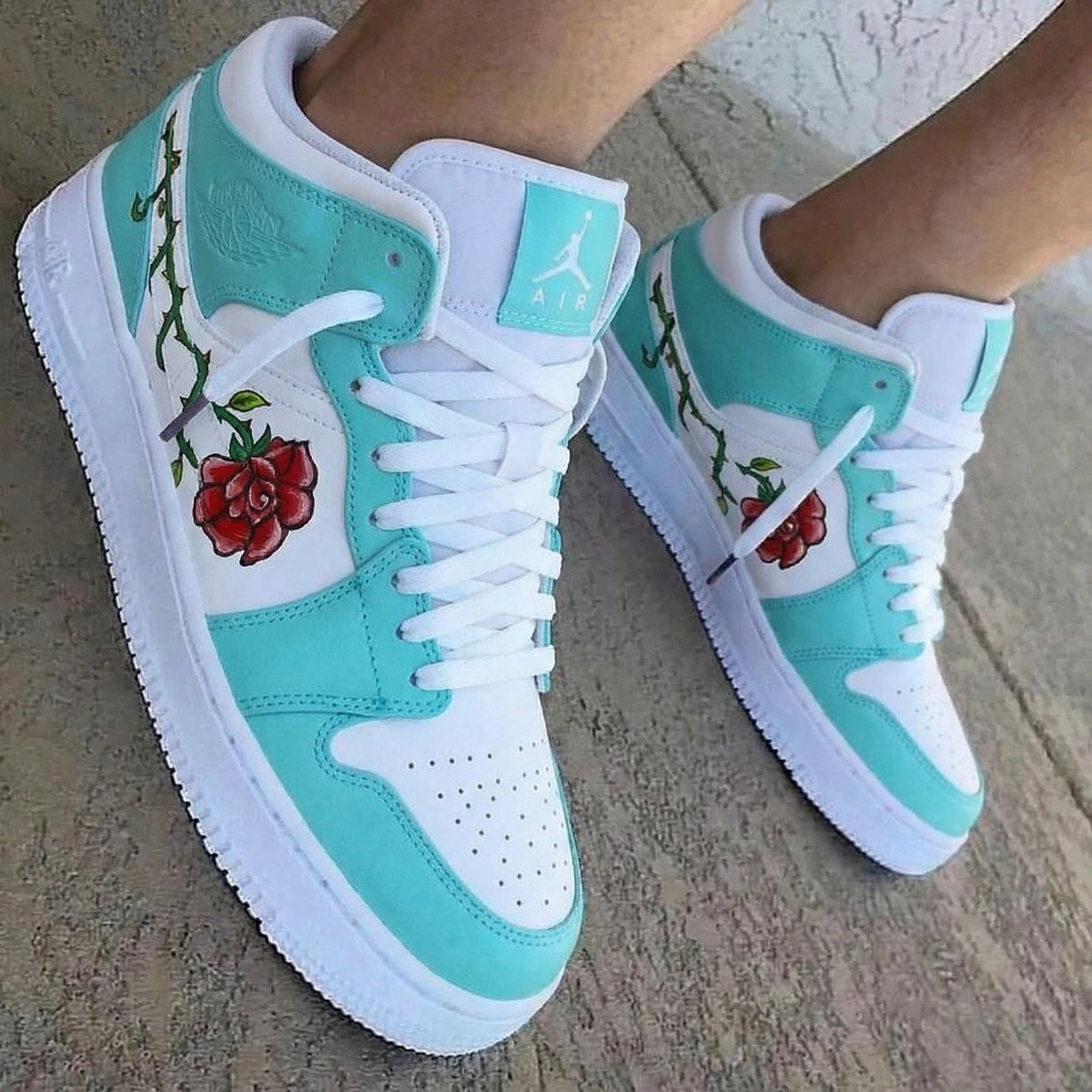 Rose Pattern Teal White Custom Air Jordan 1