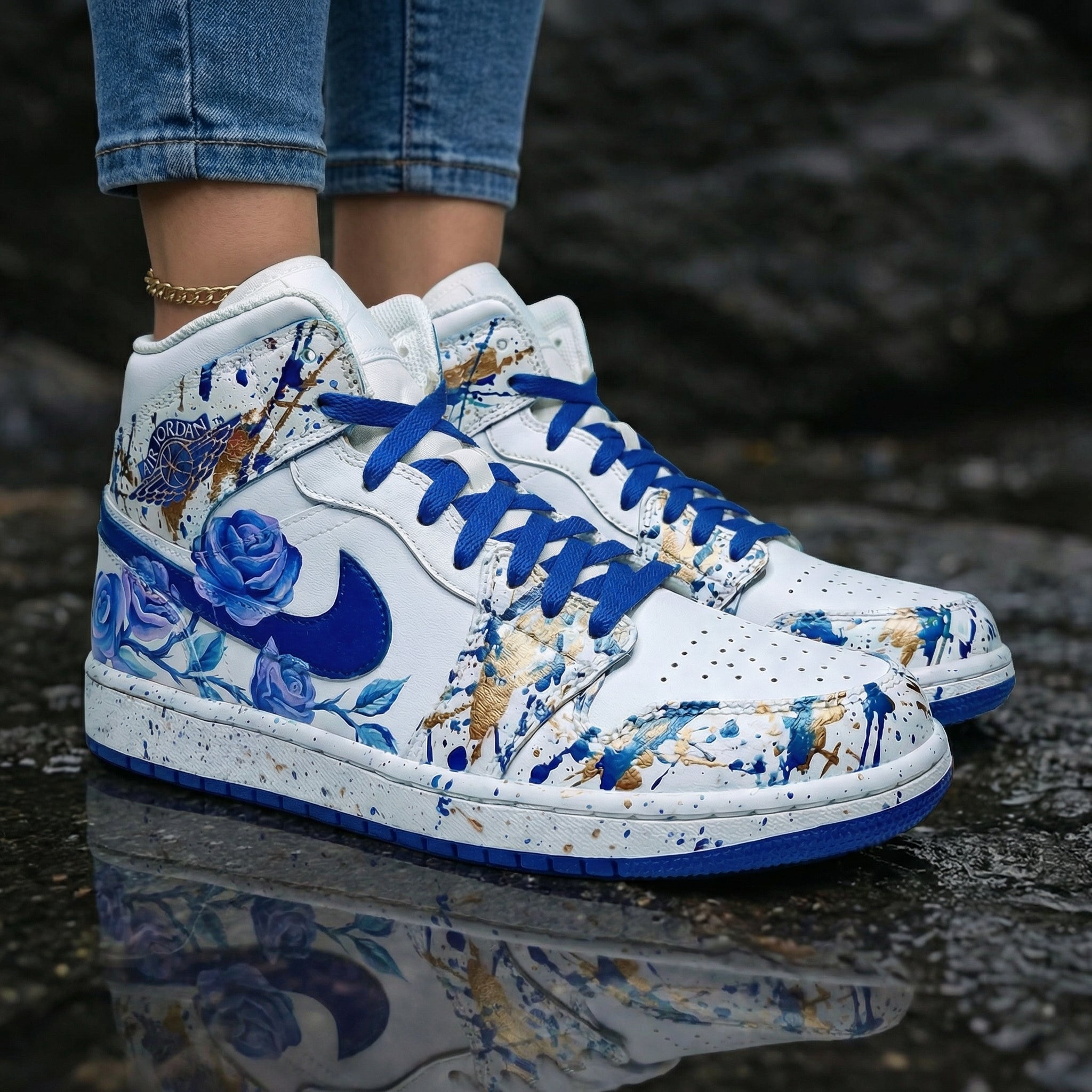 Rose Splatter Blue Gold Custom Air Jordan 1
