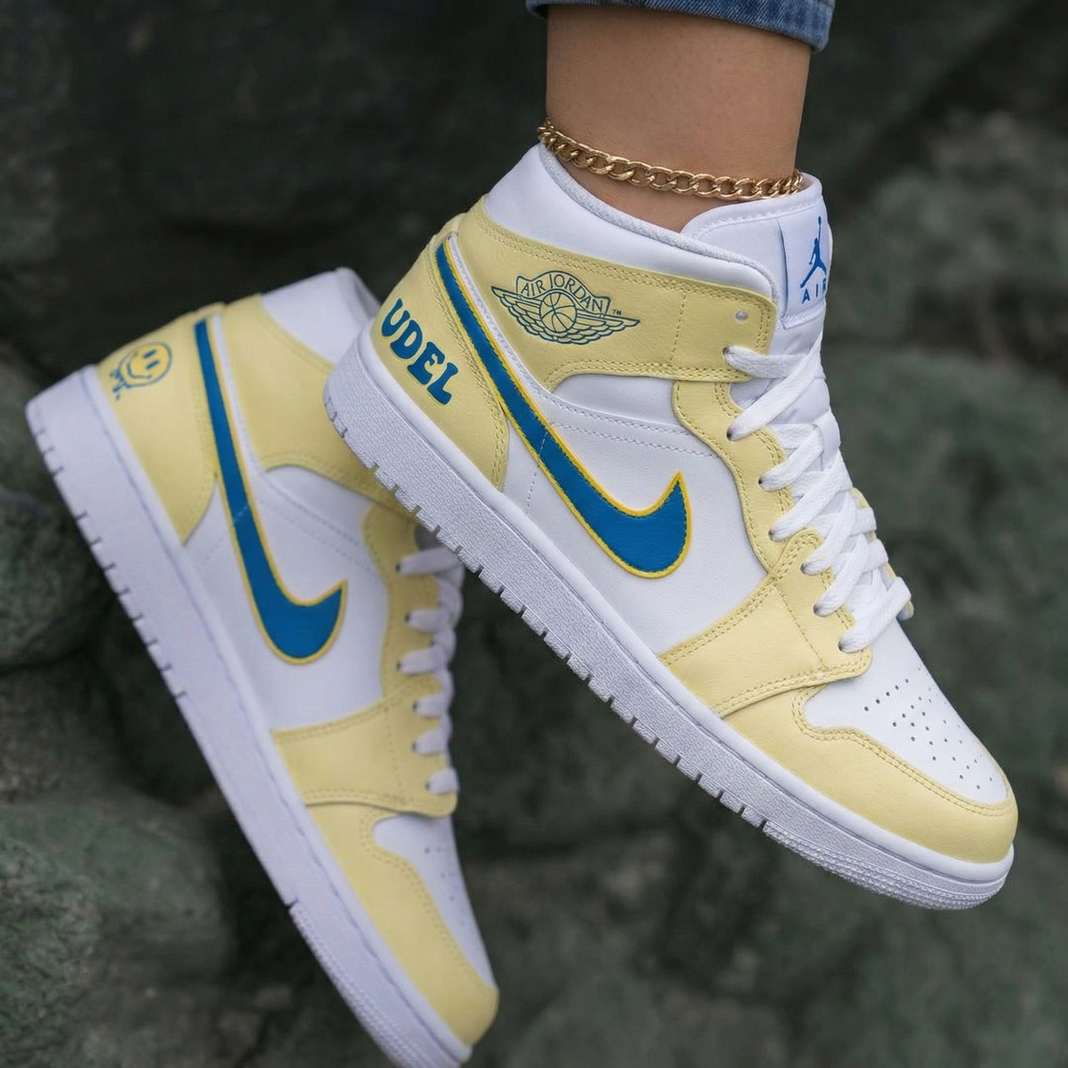 Smiley Emoji UDEL Yellow Blue Custom Air Jordan 1
