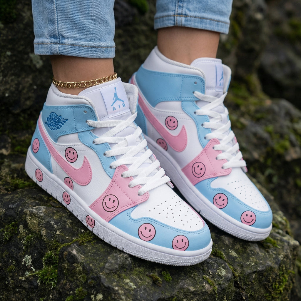 Smiley Face Baby Blue Pink White Custom Air Jordan 1