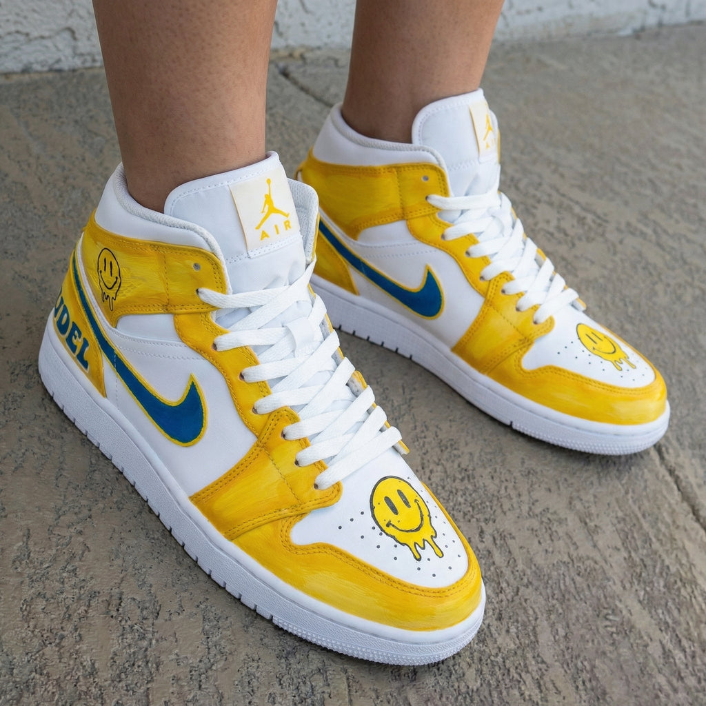 Smiley Faces Yellow Blue Custom Air Jordan 1