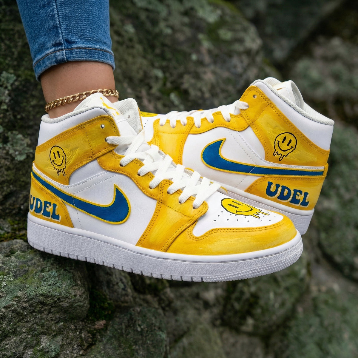 Smiley Faces Yellow Blue Custom Air Jordan 1