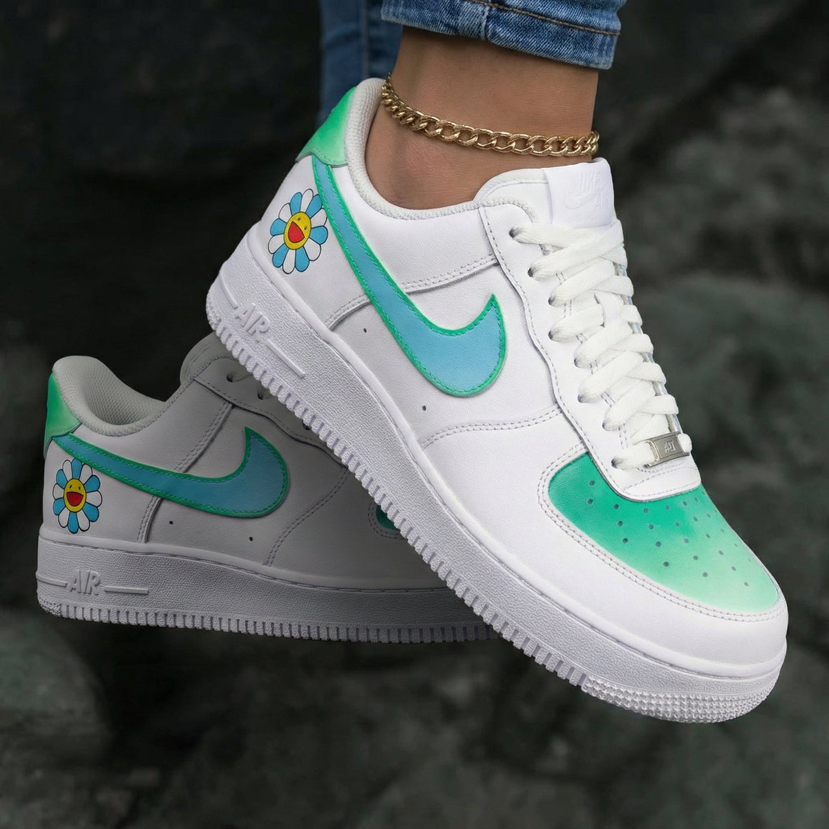 Smiley Flower Green Baby Blue Custom Air Force 1