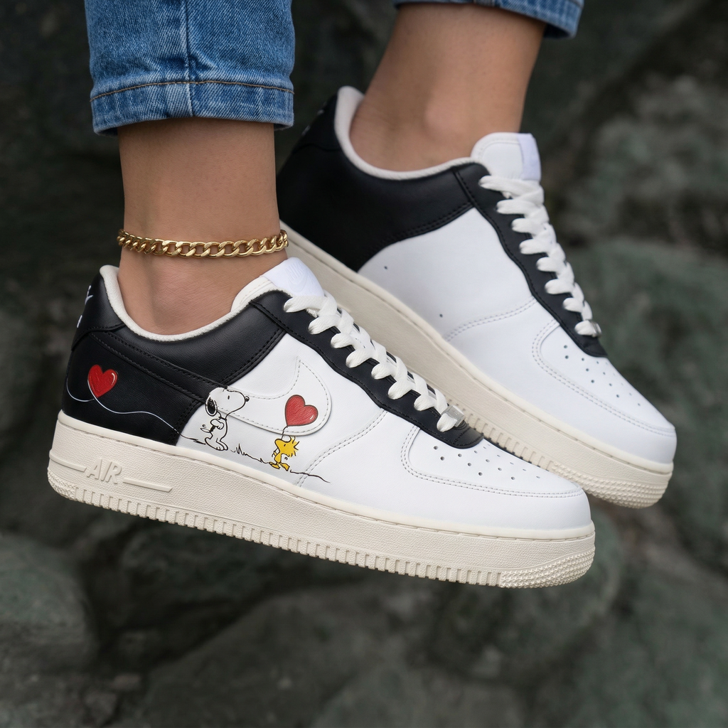 Snoopy Woodstock Hearts White Black Custom Air Force 1