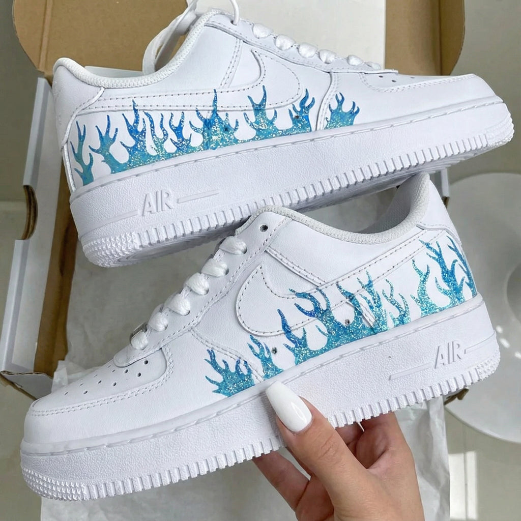 Sparkling Blue Glitter Flame Pattern Custom Air Force 1