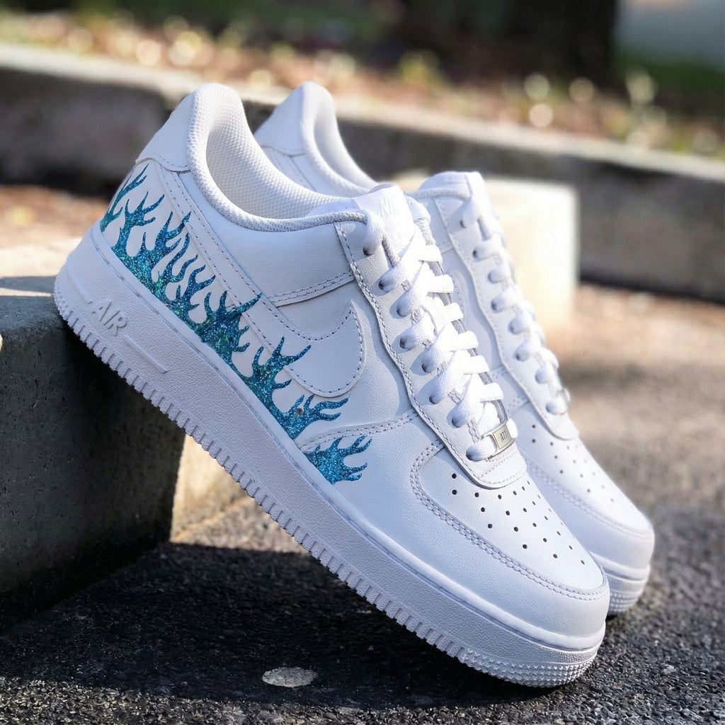 Sparkling Blue Glitter Flame Pattern Custom Air Force 1