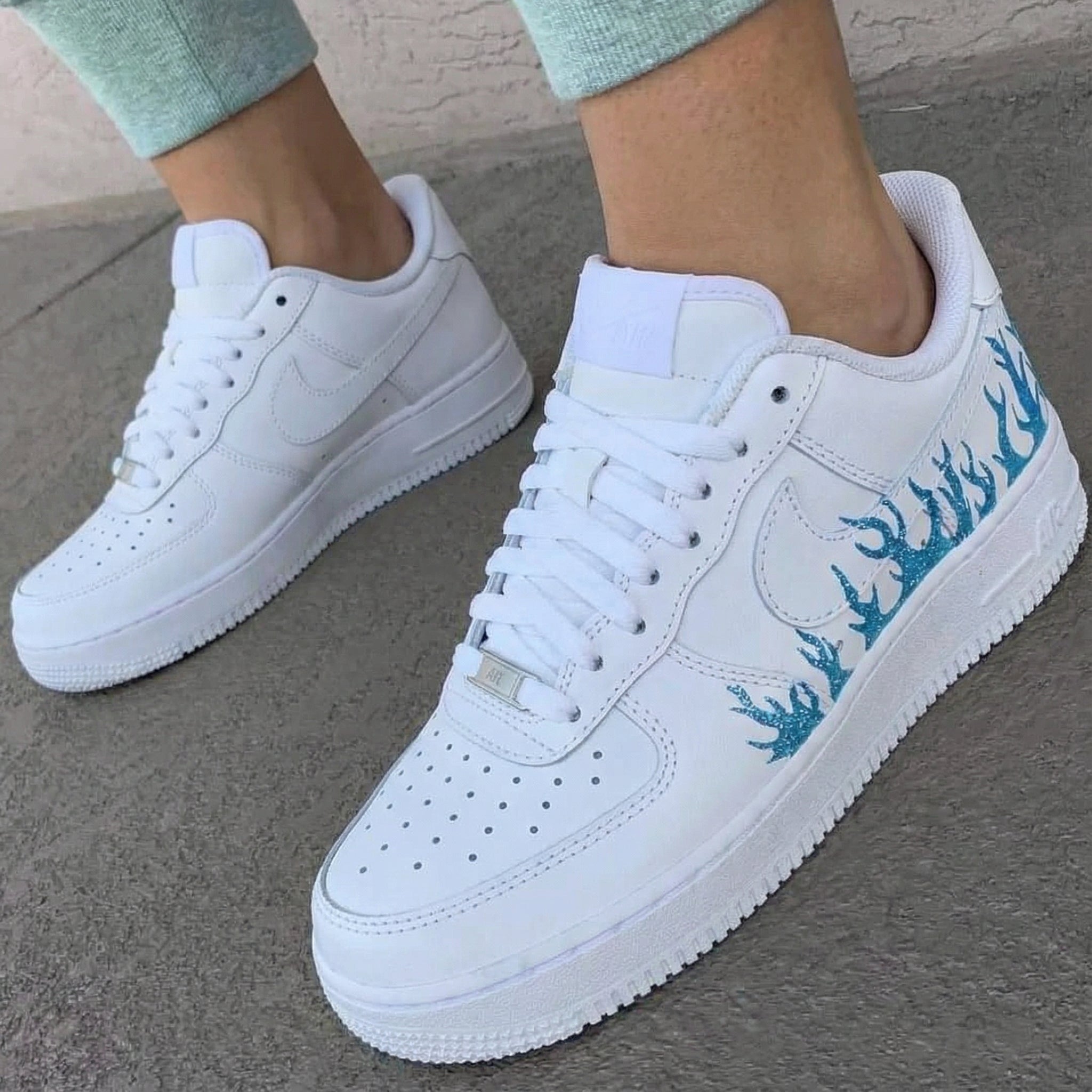 Sparkling Blue Glitter Flame Pattern Custom Air Force 1