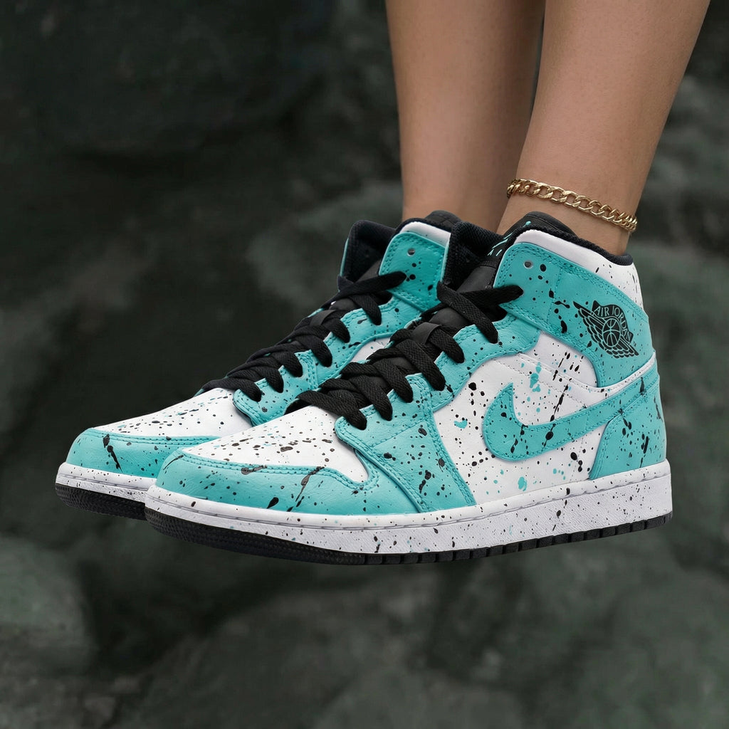 Splatter Design Teal White Custom Air Jordan 1