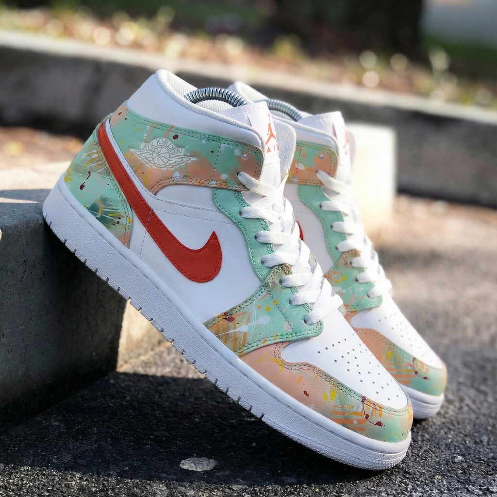 Splatter Paint Green Coral Custom Air Jordan 1