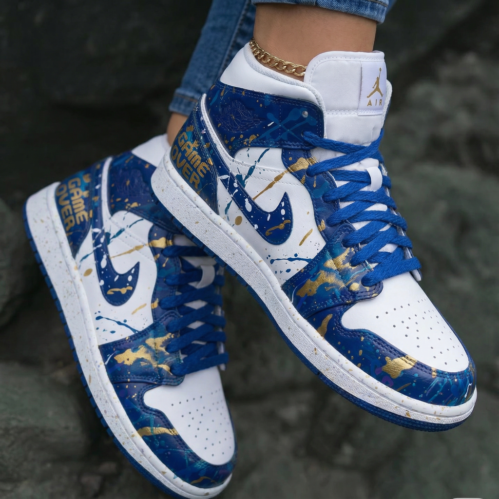 Splatter Pattern Blue Gold and White Custom Air Jordan 1
