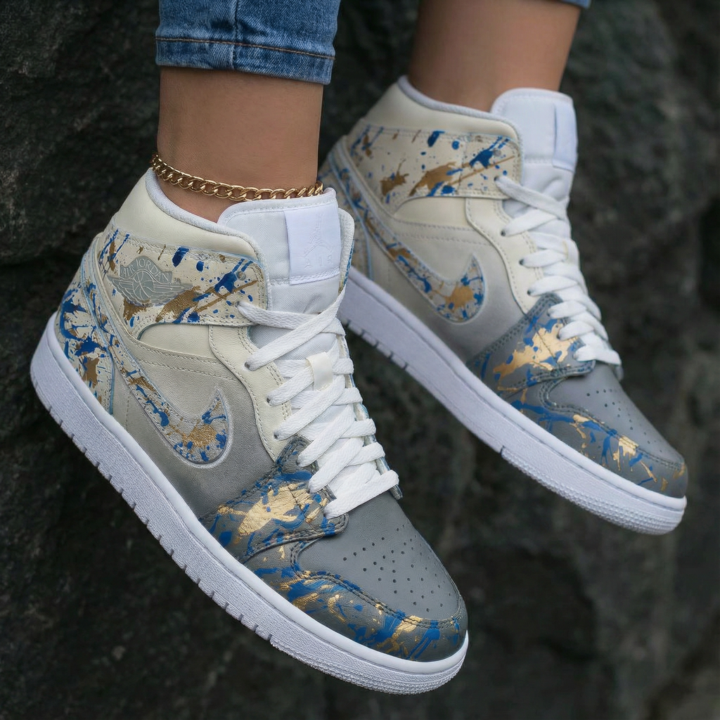 Splatter Pattern Blue Gold Custom Air Jordan 1