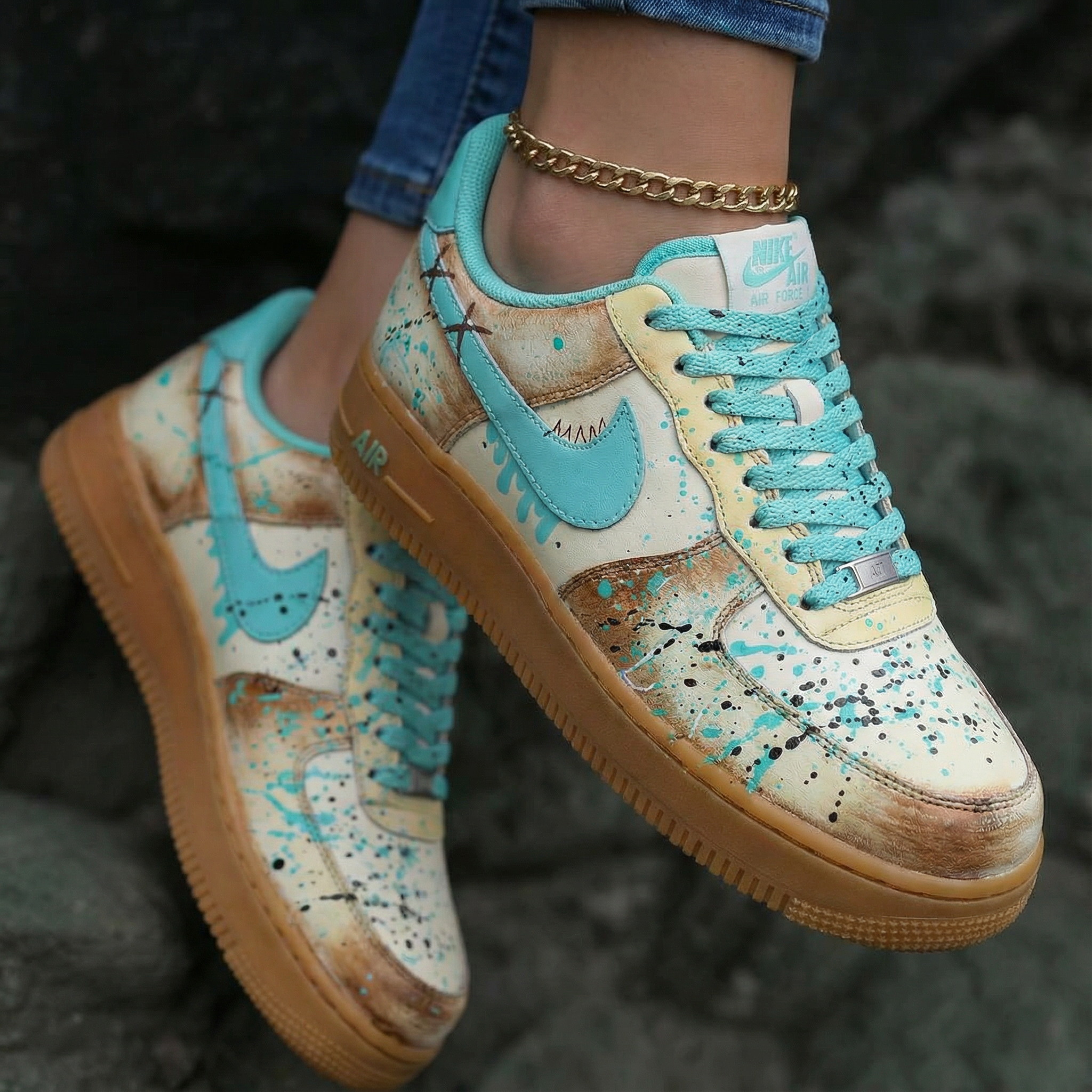Splatter Pattern Turquoise Brown Custom Air Force 1