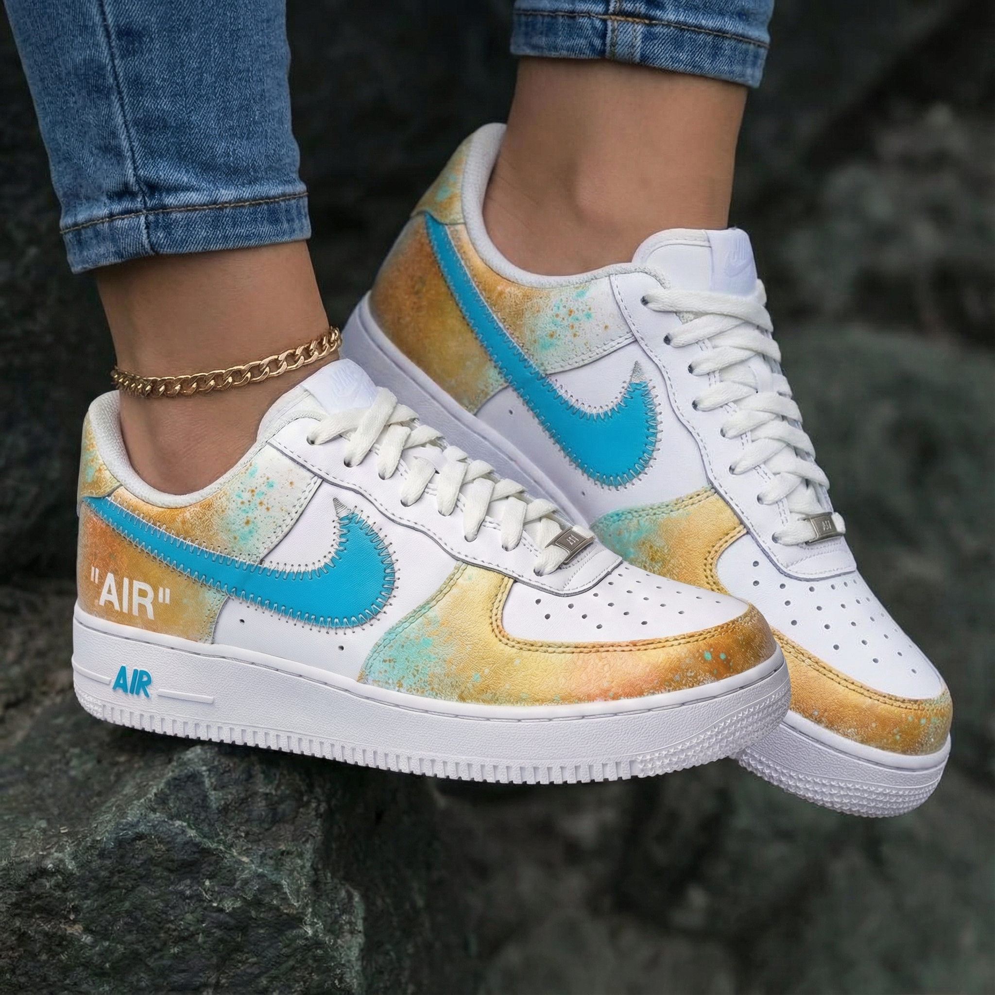 Splatter Pattern Turquoise Gold Custom Air Force 1