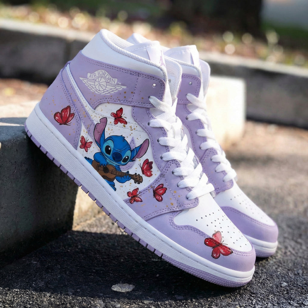 Stitch and Butterflies Baby Purple and White Custom Air Jordan 1