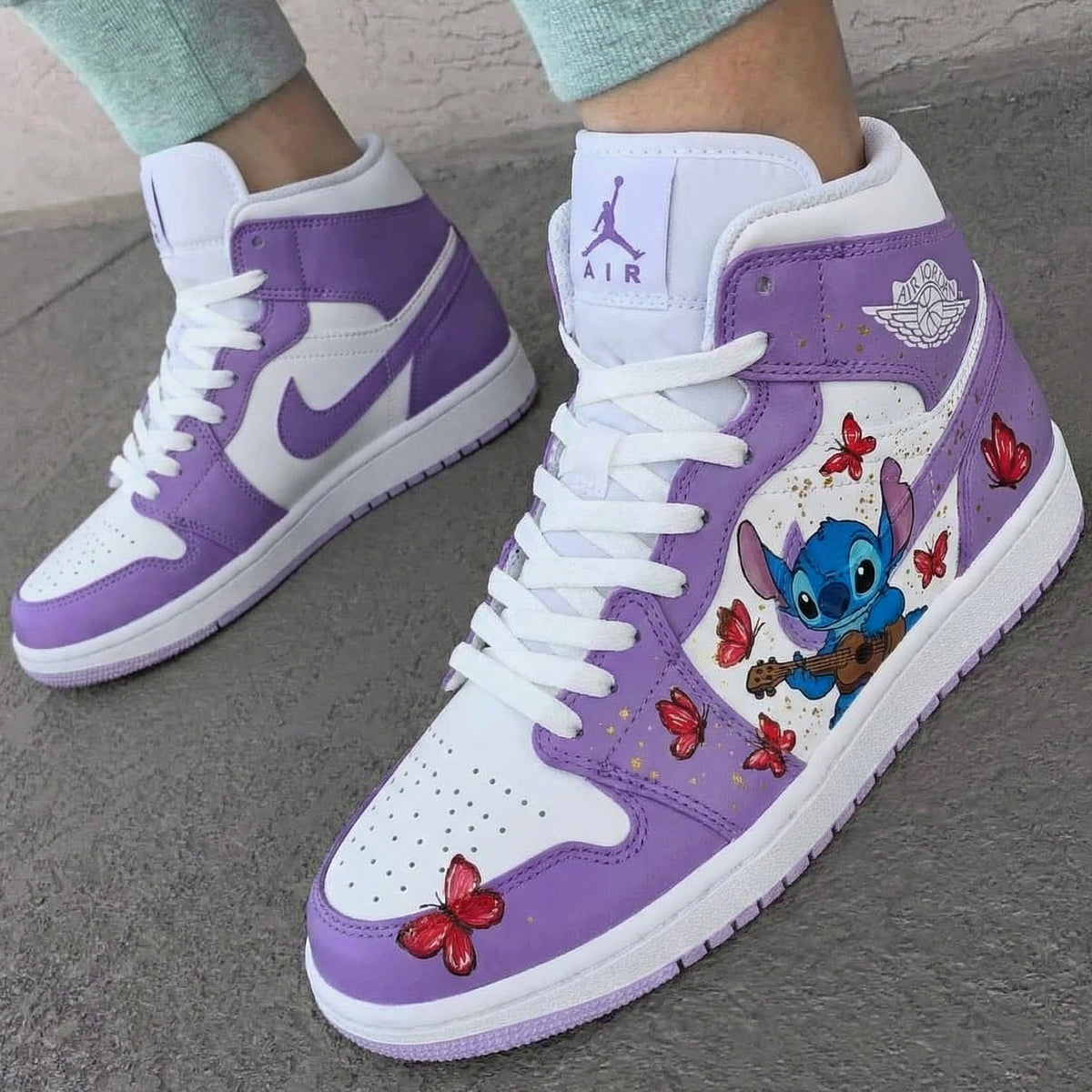 Stitch and Butterflies Baby Purple and White Custom Air Jordan 1