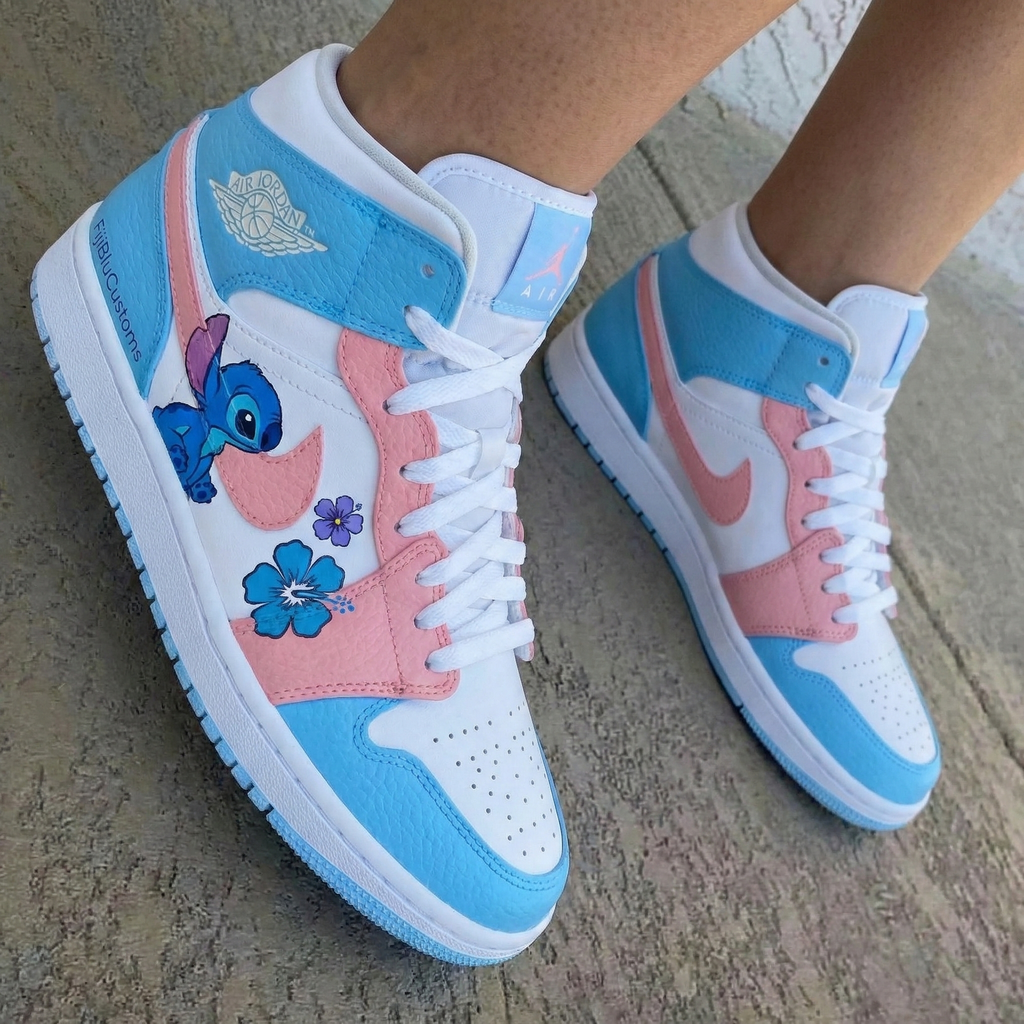 Stitch Flowers Baby Blue Baby Pink Custom Air Jordan 1