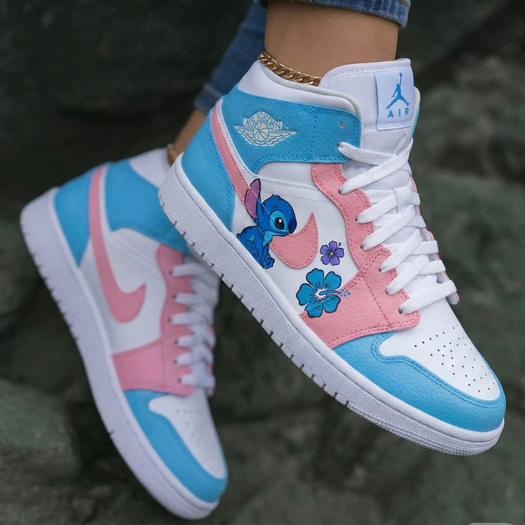 Stitch Flowers Baby Blue Baby Pink Custom Air Jordan 1