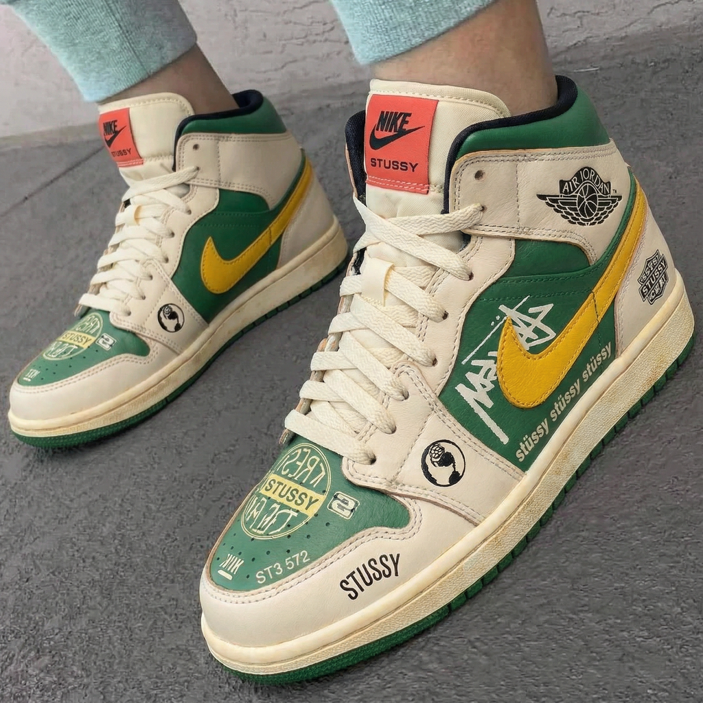 Stussy Logo Green Yellow Custom Air Jordan 1