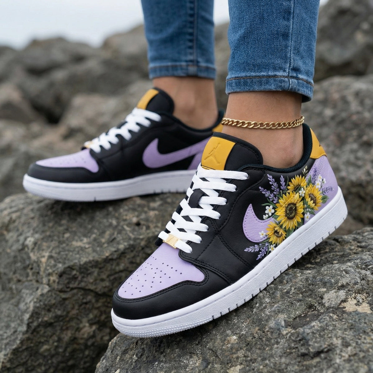 Sunflower Floral Black Purple Custom Air Jordan 1