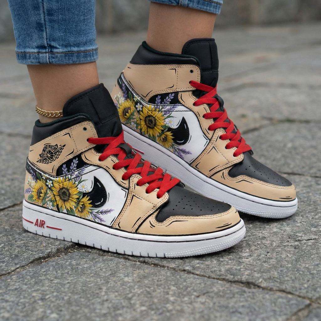 Sunflower Pattern Tan Black Custom Air Jordan 1
