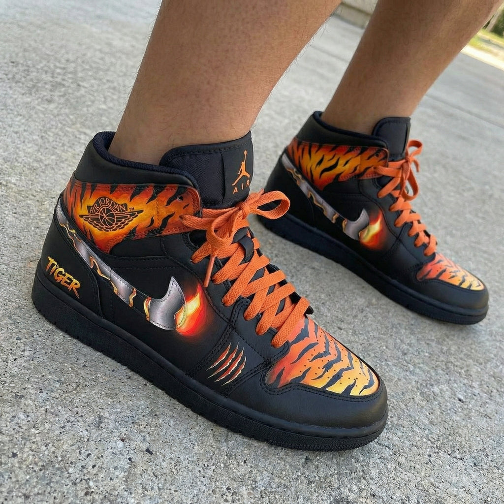 Tiger Flame Pattern Black Orange Custom Air Jordan 1