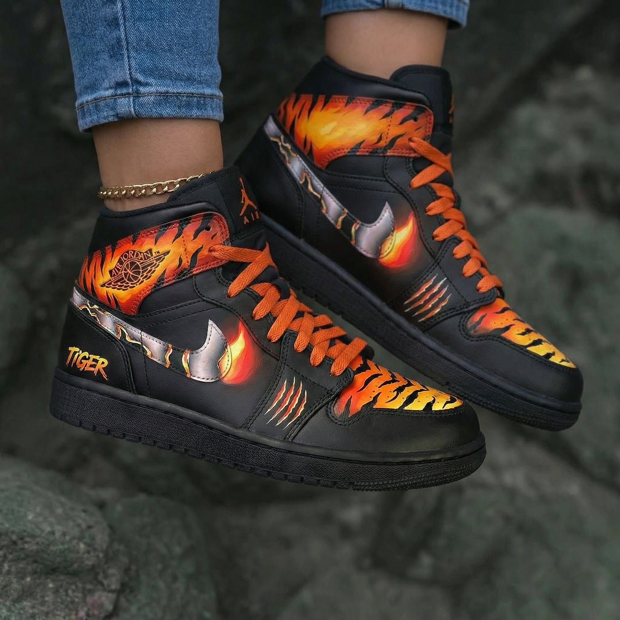 Tiger Flame Pattern Black Orange Custom Air Jordan 1