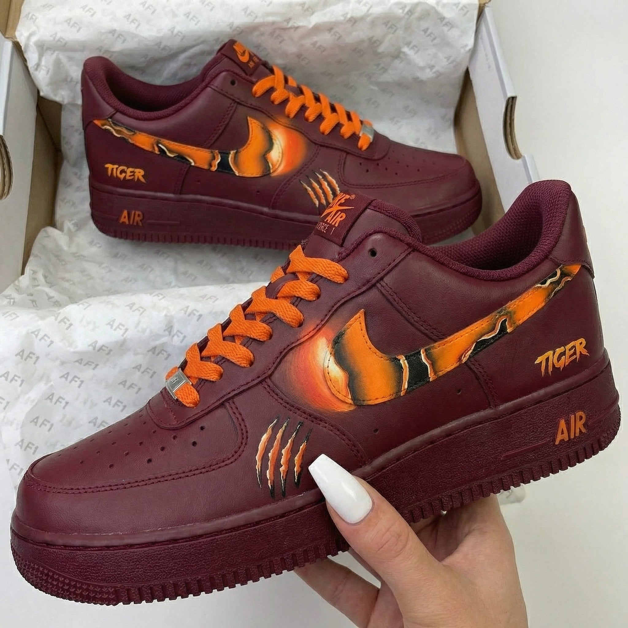 Tiger Theme Burgundy Orange Custom Air Force 1